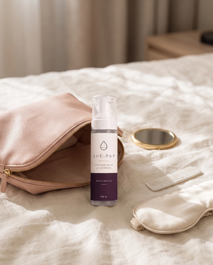 Botol She-Pap dalam pouch travel, sedia dibawa keluar